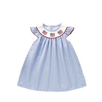 Patriotic Flag Embroidery Gingham Dress with Bow Headband Ruffle Sleeve Festive Outfit for Girls