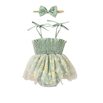 Baby Girl Halter Romper With Tulle Skirt & Headband, Floral Print One-Piece Outfit For Photoshoot