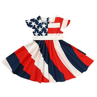 Girls Patriotic Flag A-Line Dress, Ruffle Sleeve Bow Belt Casual Party Dress for Festive Occasions