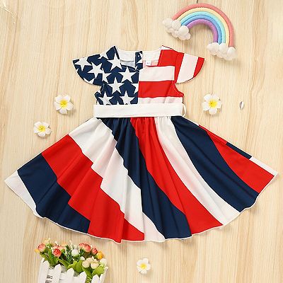 Girls Patriotic Flag A-Line Dress, Ruffle Sleeve Bow Belt Casual Party Dress  for Festive Occasions