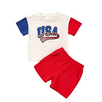 Toddler USA Patriotic Short Sleeve Tee & Shorts Set Casual Summer Outfit for Kids