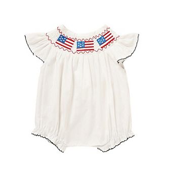Baby Girl Ruffled Romper with Patriotic Flag Embroidery, Smocked Bodysuit for Newborns