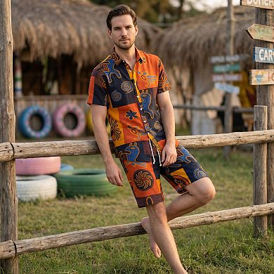 Men's Shirts and Shorts Set 2 Piece Tropical Outfit Floral Button Down Beach Suit
