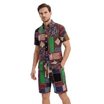 Men's Shirts and Shorts Set 2 pc Tropical Outfit Floral Button Down Beach Suit