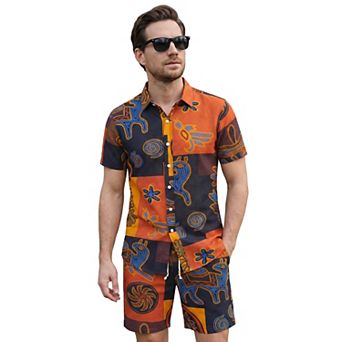 Men's Shirts and Shorts Set 2 pc Tropical Outfit Floral Button Down Beach Suit