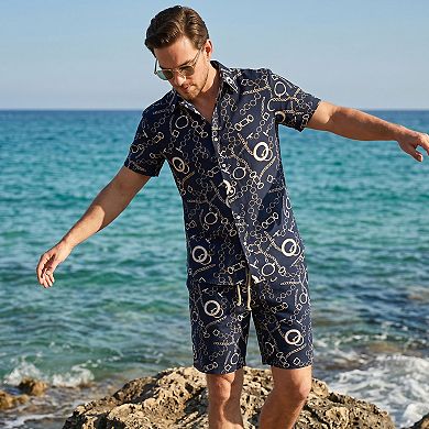Men's 2 Pieces Sets Printed Short-Sleeve Shirt And Shorts Summer Beach Outfits