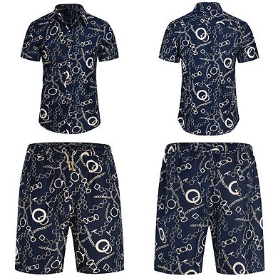 Men's 2 Pieces Sets Printed Short-Sleeve Shirt And Shorts Summer Beach Outfits