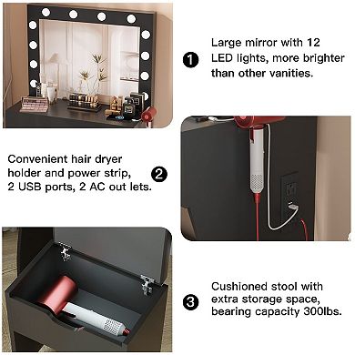 Makeup Vanity Desk with Mirror and Lights, Vanity Table with Stool and Drawer for Bedroom