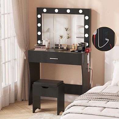 Makeup Vanity Desk with Mirror and Lights, Vanity Table with Stool and Drawer for Bedroom