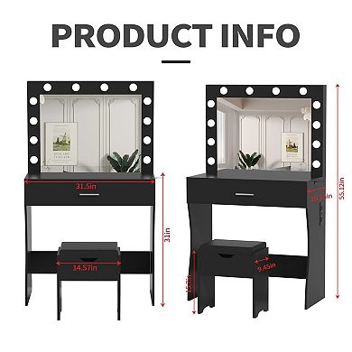 Makeup Vanity Desk with Mirror and Lights, Vanity Table with Stool and Drawer for Bedroom