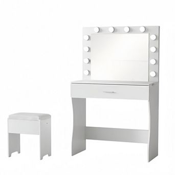 Makeup Vanity Desk with Mirror and Lights, Vanity Table with Stool and Drawer for Bedroom