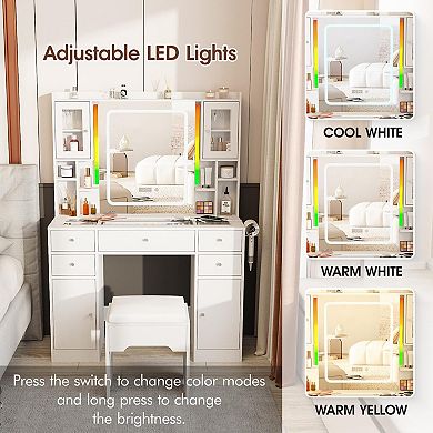Makeup Vanity with Lighted Mirror & Time Display, 4 Drawers + Charging Vanity Table for Bedroom