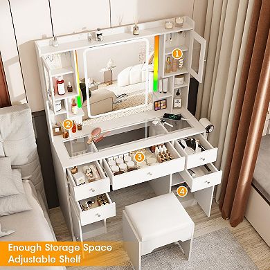 Makeup Vanity with Lighted Mirror & Time Display, 4 Drawers + Charging Vanity Table for Bedroom