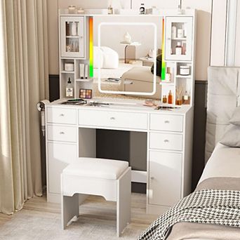 Makeup Vanity with Lighted Mirror & Time Display, 4 Drawers + Charging Vanity Table for Bedroom