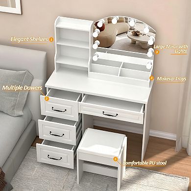 Vabches Makeup Vanity Desk with Mirror and Lights, Storage Drawers & Stool