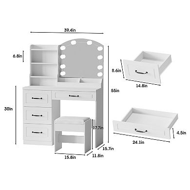Vabches Makeup Vanity Desk with Mirror and Lights, Storage Drawers & Stool