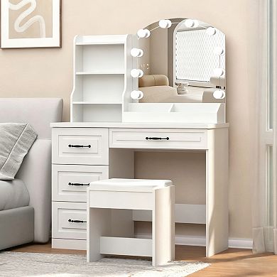 Vabches Makeup Vanity Desk with Mirror and Lights, Storage Drawers & Stool