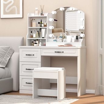 Makeup Vanity Desk with 10-Light Mirror & Power Strip, 4 Drawers + Hair Dryer Holder for Bedroom