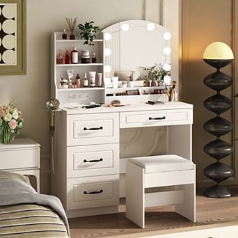 Makeup Vanity Desk with 10-Light Mirror & Power Strip, 4 Drawers + Hair Dryer Holder for Bedroom