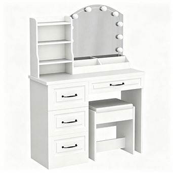 Vabches Makeup Vanity Desk with Mirror and Lights, Storage Drawers & Stool