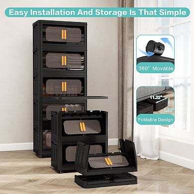 CEWOR 5 Tier Collapsible Storage Bins with Wheels & Magnetic Doors for Home,Office