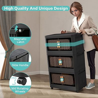 CEWOR 5 Tier Collapsible Storage Bins with Wheels & Magnetic Doors for Home,Office