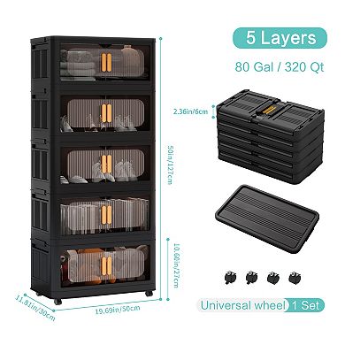 CEWOR 5 Tier Collapsible Storage Bins with Wheels & Magnetic Doors for Home,Office