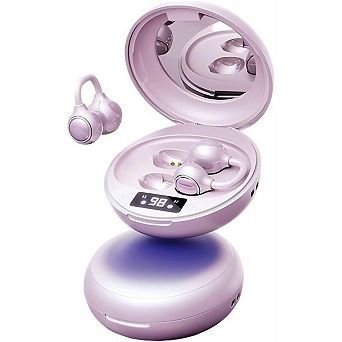 Open Ear Wireless Earbuds Bluetooth, Clip-On, Mini Mirror Charging Case, LED Display, Lightweight