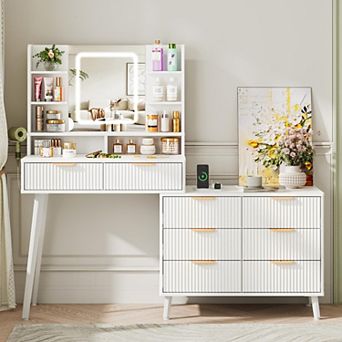 Makeup Vanity Desk with Mirror and Lights, Corner Vanity with 8 Drawers & Shelves, Dressing Table