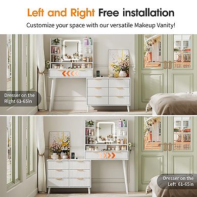 Makeup Vanity Desk with Mirror and Lights, Corner Vanity with 8 Drawers & Shelves, Dressing Table