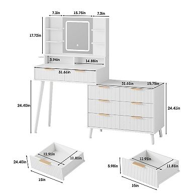 Makeup Vanity Desk with Mirror and Lights, Corner Vanity with 8 Drawers & Shelves, Dressing Table