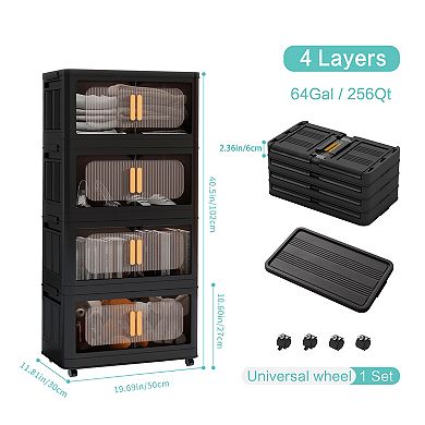CEWOR 4 Tier Collapsible Storage Bins with Wheels & Magnetic Doors for Home,Office