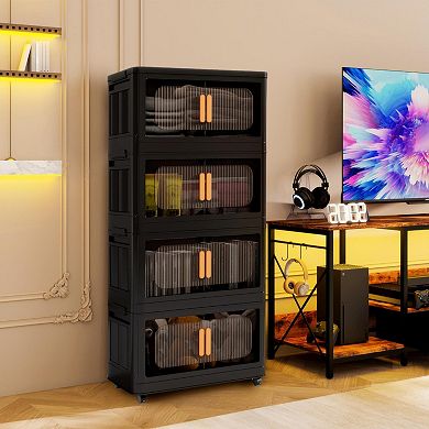 CEWOR 4 Tier Collapsible Storage Bins with Wheels & Magnetic Doors for Home,Office
