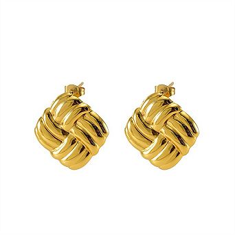 Stainless Steel Square Texture Stud Earrings-18K Gold Plated Titanium Steel Twist Earrings for Women