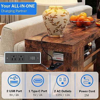 CEWOR 70.86" Farmhouse Console Table with Built-in Charging & 5 Adjustable Shelves Entryway Desk