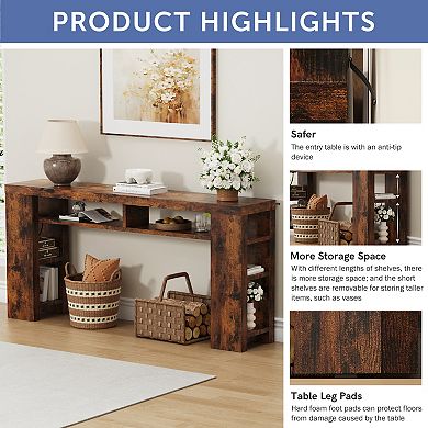 CEWOR 70.86" Farmhouse Console Table with Built-in Charging & 5 Adjustable Shelves Entryway Desk