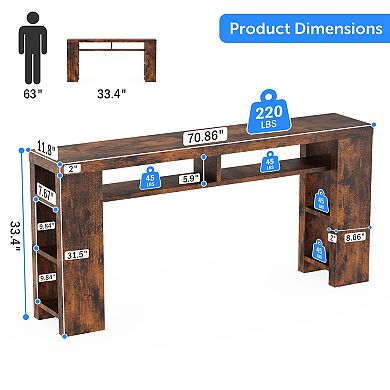 CEWOR 70.86" Farmhouse Console Table with Built-in Charging & 5 Adjustable Shelves Entryway Desk
