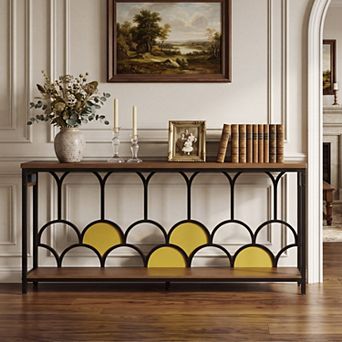 70.8" Console Table with Charging Station, Ginkgo Leaf Inspired Entryway Table w/Open Storage Shelf