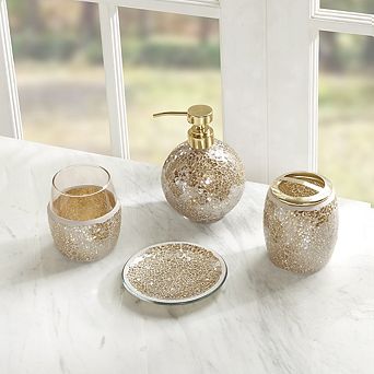 4 pc Bath Accessory Sets With Gold Soap Dispenser, Toothbrush Holder, Tumbler And Ring Tray