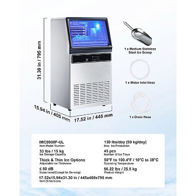 Stainless Steel Freestanding Commercial Ice Maker Machine with LED Display & Self-Cleaning