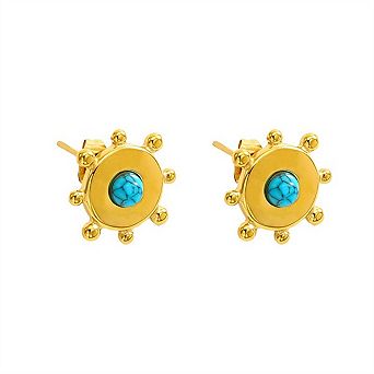 Vintage 18K Gold Plated -Stainless Steel Stud Earrings, Women's Turquoise Sun Geometric Design