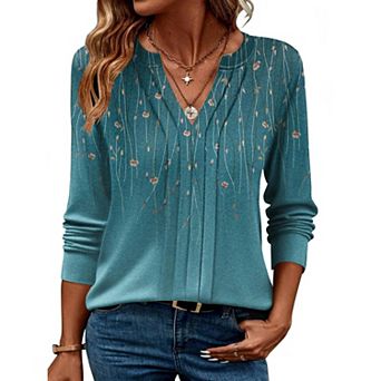 Zeagoo Women Dressy Long Sleeve Blouses Fall Henley V Neck Pleated Casual Tunics