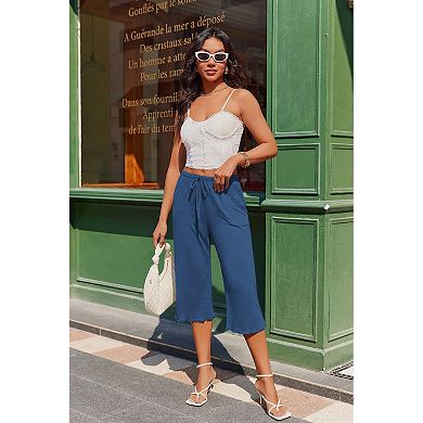 Ekouaer Three Pack Women Capri Pajama Pants Ruffle hem Lounge Pants Drawstring Pj Bottoms