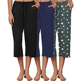 Ekouaer Three Pack Women Capri Pajama Pants Ruffle hem Lounge Pants Drawstring Pj Bottoms