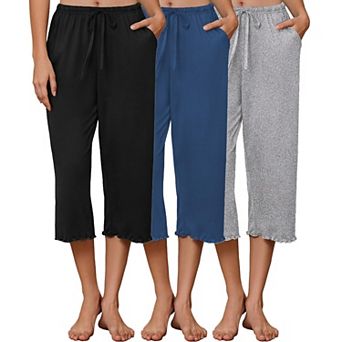 Ekouaer Three Pack Women Capri Pajama Pants Ruffle hem Lounge Pants Drawstring Pj Bottoms