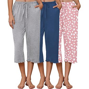 Ekouaer Three Pack Women Capri Pajama Pants Ruffle hem Lounge Pants Drawstring Pj Bottoms