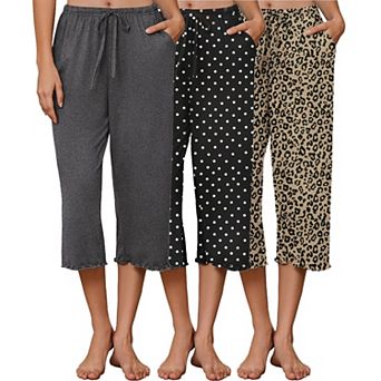 Ekouaer Three Pack Women Capri Pajama Pants Ruffle hem Lounge Pants Drawstring Pj Bottoms