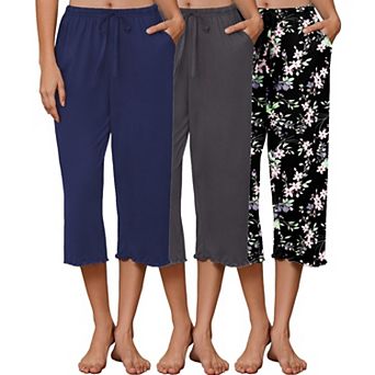 Ekouaer Three Pack Women Capri Pajama Pants Ruffle hem Lounge Pants Drawstring Pj Bottoms