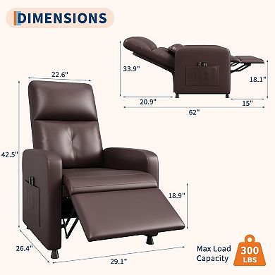 Power Recliner Chair with Massage, Heat and Lumbar Support - PU Leather and Side Pockets