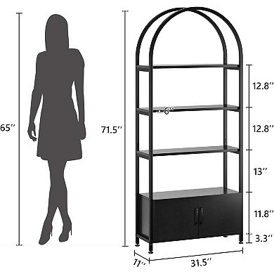 4-Tier Arched Bookshelf, Black Arched Bookcase with Doors Storage, Industrial Book Shelf